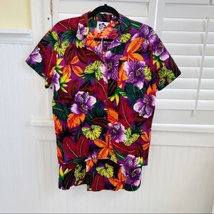 Hilo Hattie Vintage Bright Floral Print Button-Up Shirt & Shorts Set Size Small